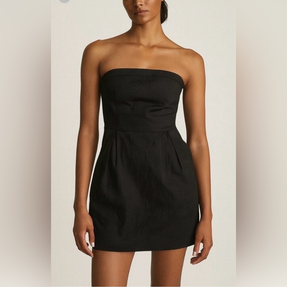 Theory Classic Black Strapless Mini Dress Linen Blend Side Zip and Side Pockets